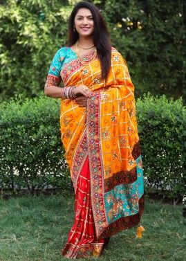 Red And Yellow Half N Half Saree With Blouse
