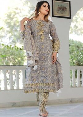 Readymade Grey Printed Cotton Suit