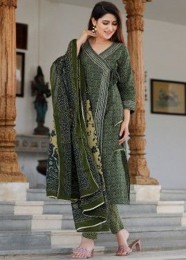 Green Readymade Angrakha Style Cotton Suit
