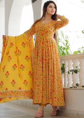 Yellow Floral Print Readymade Anarkali Salwar Kameez