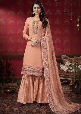 Embroidered Peach Gharara Style Suit In Georgette