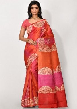 Orange Block Printed Saree In Silk