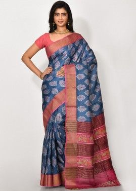 Blue Handloom Saree In Tussar Silk