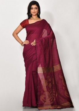 Purple Embroidered Handloom Saree With Blouse