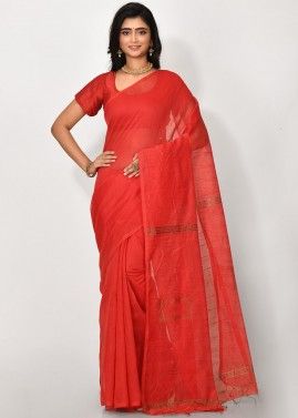 Red Sequins Embroidered Handloom Saree With Blouse
