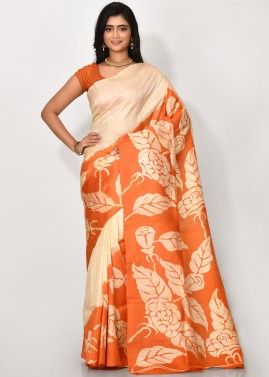 Orange Silk Printed Handloom Saree With Blouse