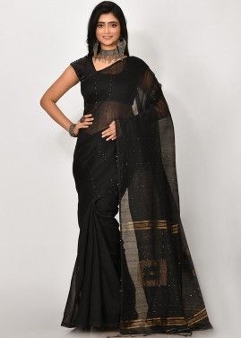 Black Handloom Saree With Embroidered Pallu