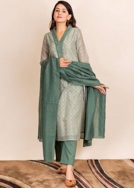 Grey Readymade Block Printed Chanderi Suit