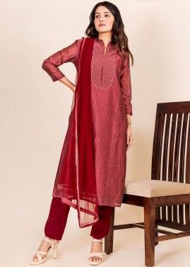 Red Printed Readymade Chanderi Pant Suit