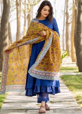 Blue Readymade Layered Suit With Dupatta