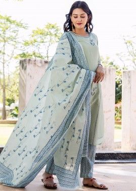Green Embroidered Readymade Chanderi Suit