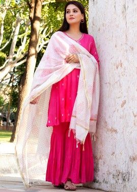 Pink Readymade Sharara Suit With Hand Work