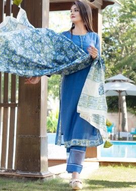 Blue Chanderi Block Printed Readymade Suit