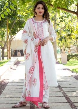 White Readymade Hand Embroidered Chanderi Suit