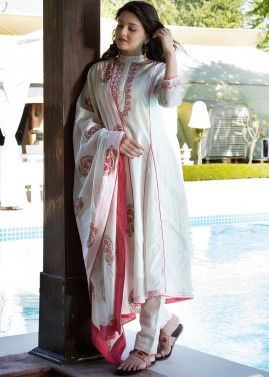 Readymade White Hand Embroidered Pant Style Suit