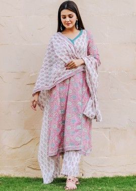 Pink Hand Block Printed Cotton Readymade Suit