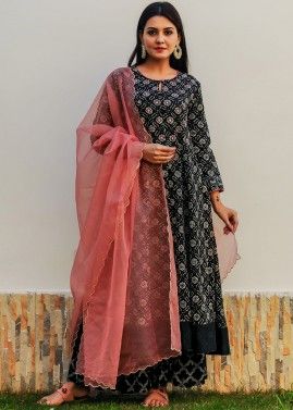 Black Readymade Anarkali Style Sharara Suit