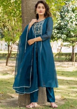 Blue Readymade Hand Embroidered Pant Style Suit