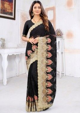 Black Heavy Border Embroidered Saree In Net