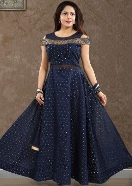 Blue Readymade Anarkali Suit In Chanderi