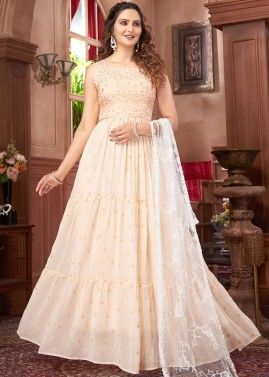 Peach Embroidered Readymade Anarkali Georgette Suit