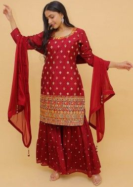 Maroon Embroidered Readymade Sharara Suit Set