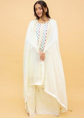 White Readymade Embellished Sharara Suit