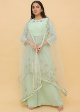 Green Embellished Readymade Asymmetric Palazzo Suit