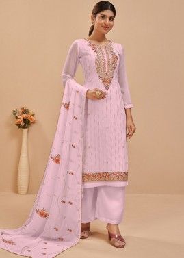 Pink Embroidered Georgette Palazzo Style Suit