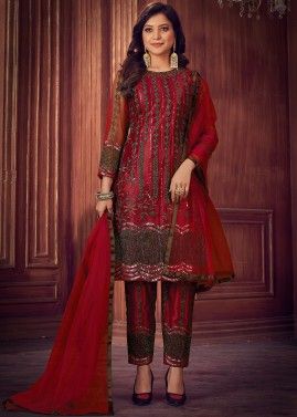 Red Embroidered Net Pant Suit With Dupatta