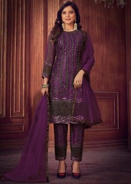 Purple Dori Embroidered Pant Style Suit In Net