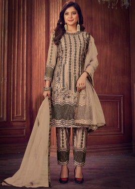 Beige Embroidered Pant Style Suit In Net