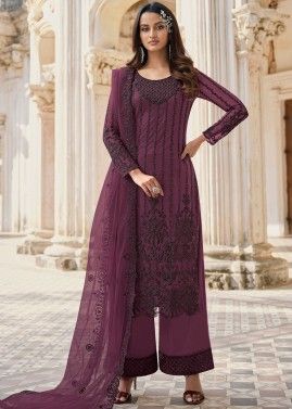 Purple Pant Style Salwar Suit With Embroidery