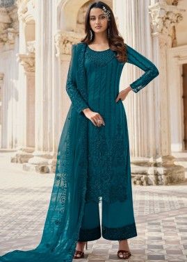 Blue Pant Style Salwar Suit With Embroidery