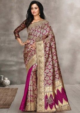 Pink Stone Embellished & Woven Saree
