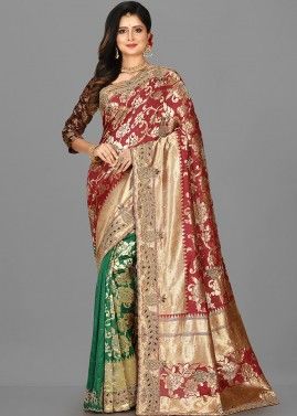 Red & Green Kanjivaram Silk Saree With Blouse