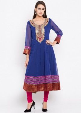 Royal Blue Embroidered Flared Kurti