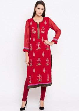 Red Embroidered Readymade Georgette Kurti