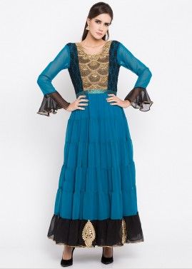 Blue Embroidered Georgette Long Kurti
