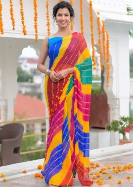 Multicolored Leheriya Printed Chiffon Saree