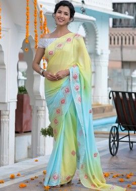 Yellow & Blue Shaded Saree In Georgette