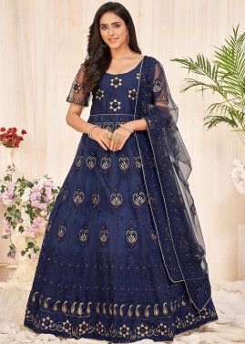 Navy Blue Net Embroidered Anarkali Style Suit