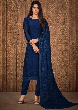 Blue Pant Suit With Embroidered Georgette Dupatta