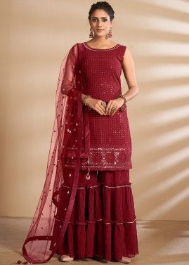 Red Embroidered Readymade Sharara Style Suit