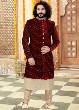 Maroon Thread Work Indo Western Sherwani Trouser Set