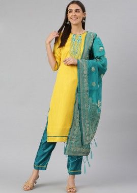 Yellow Readymade Pant Suit With Woven Dupatta
