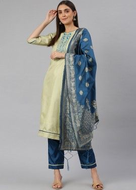 Readymade Green Pant Suit With Thread Embroidery