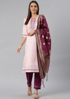 Woven Dupatta With Pink Readymade Pant Suit