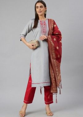 Grey Readymade Embroidered Pant Suit In Silk