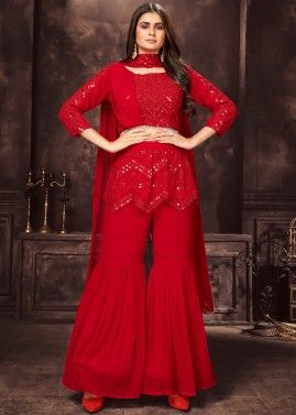 Readymade Red Mirror Work Gharara Suit